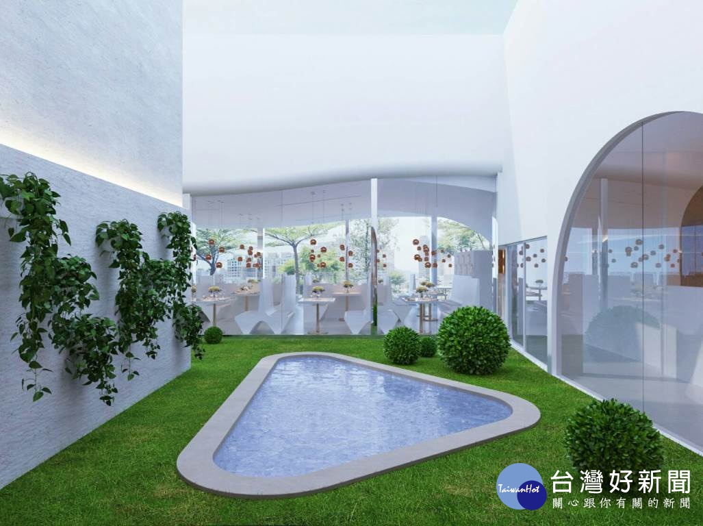 赤鬼牛排大里分店改採白色搭配金色的新古典主義氛圍,還有庭園綠化設計。(圖/記者王丰和攝)