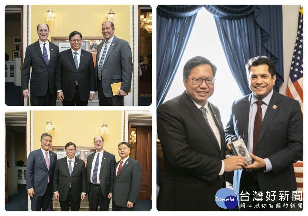 鄭市長與眾議員Brad Sherman（左）、Ted Yoho（右）(左上圖)與眾議員Mark Takano（左）、Brad Sherman（中）、Ted Lieu（右）(左下圖)與眾議員Jimmy Gomez(右圖)合影