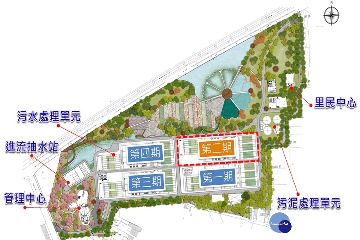 桃園北區水資源回收中心第二期擴廠工程平面位置圖。(桃園市政府水務局提供)