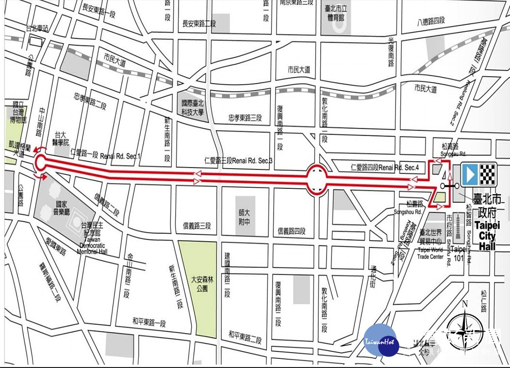 台北市政府警察局為維護「國際自由車環台公路大賽台北站」賽事期間,其交通秩序與活動安全,將實施交通管制,禁止車輛通行,提醒用路人注意。(圖/台北市警察局)