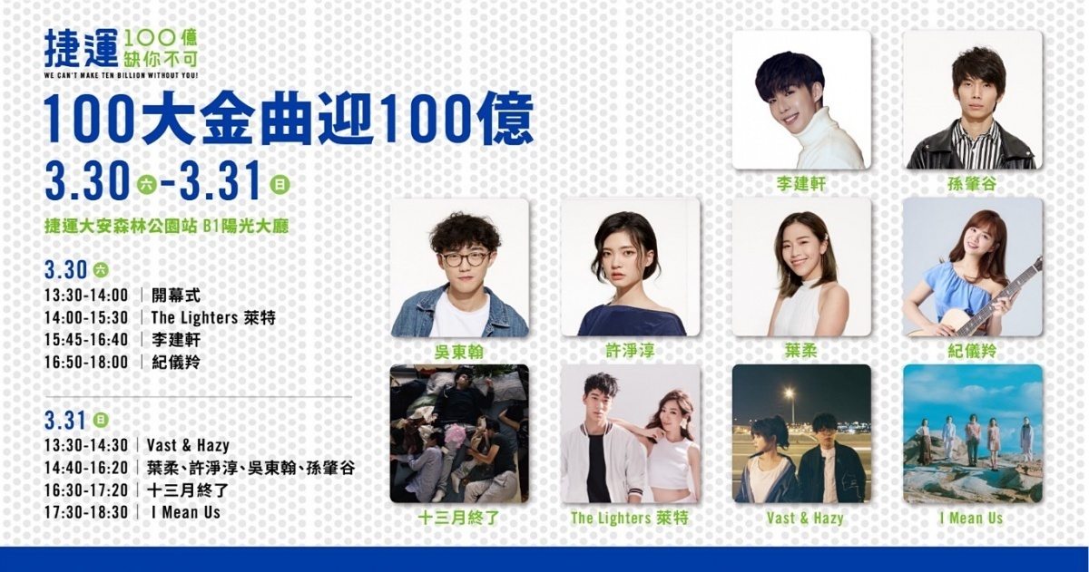 另外為慶祝北捷即將邁入100億搭乘人次的里程碑,該公司與KKBOX合作,特別選在3月30日(週六)、3月31日(週日)周末午後,在捷運大安森林公園站B1陽光大廳,舉辦「100大金曲迎100億」慶祝音樂會。(圖/台北捷運公司)
