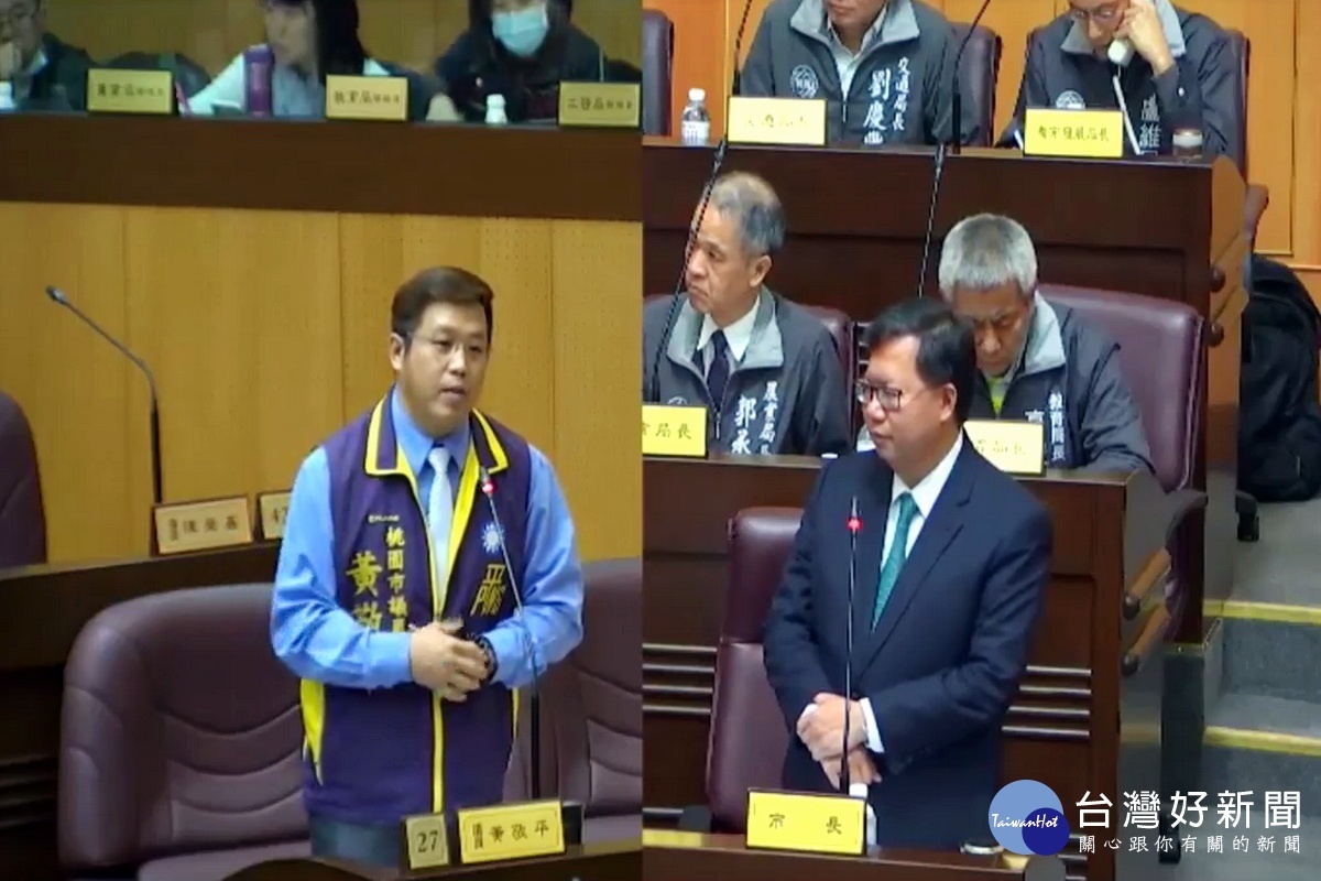 桃園市議員黃敬平以「韓國瑜條款」質詢桃園市長鄭文燦。