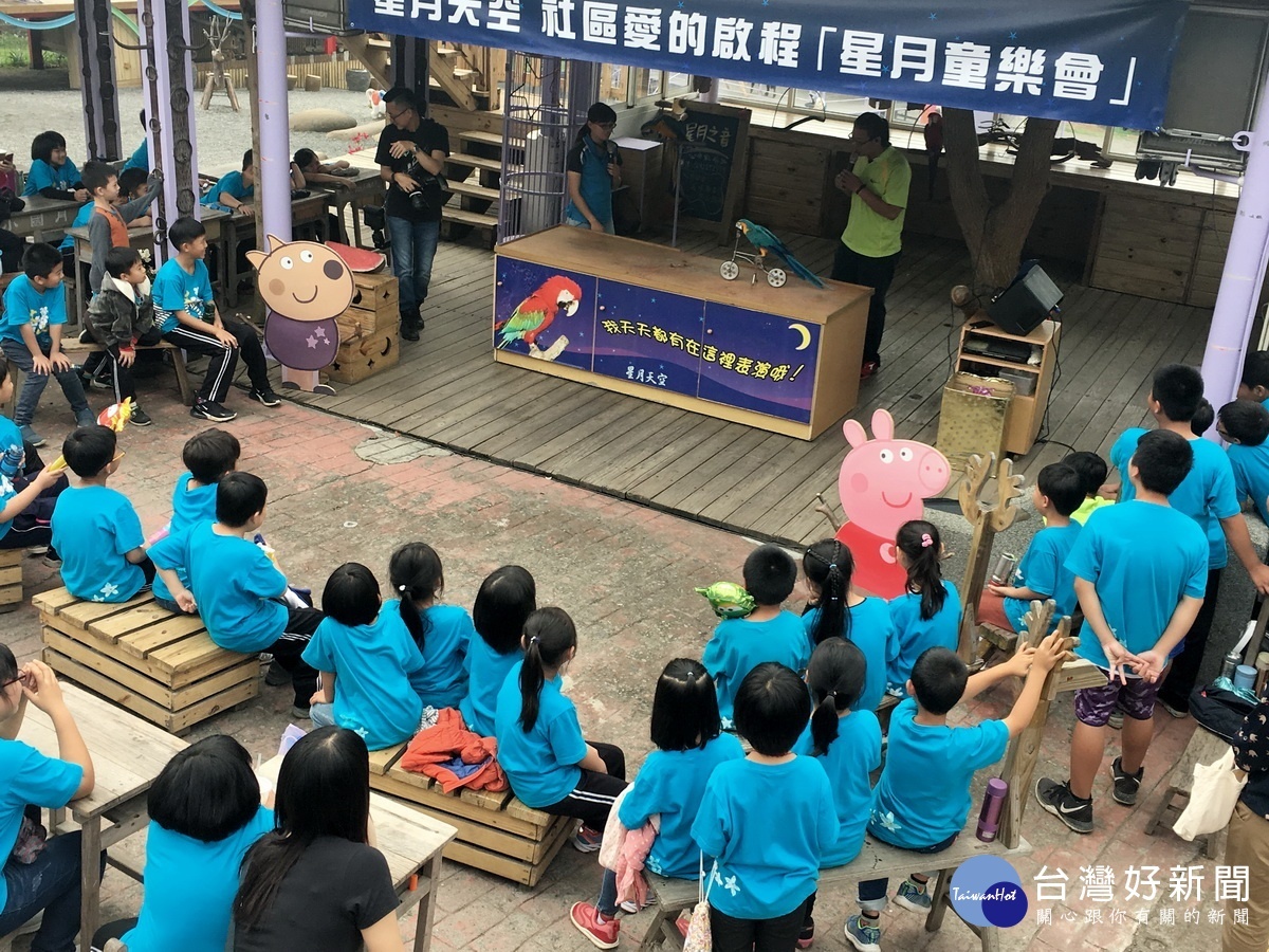 學童對會騎單車的鸚鵡超好奇。(記者扶小萍攝)