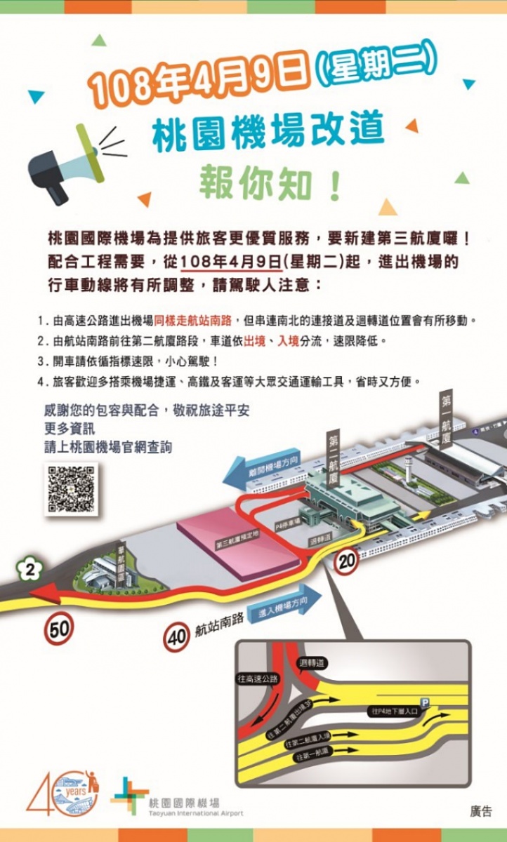 桃園國際機場公司表示，因應桃機第三航廈建設工程施工需要，由國道高速公路開車進出機場的交通動線自今（2019）年4月9日（週二）起將小幅調整，並於4月10日（周三）上午6時前完成新動線切換，部分路段新增彎道，在接近第二航廈路段車道分流並降低速限。（圖／桃園機場公司）