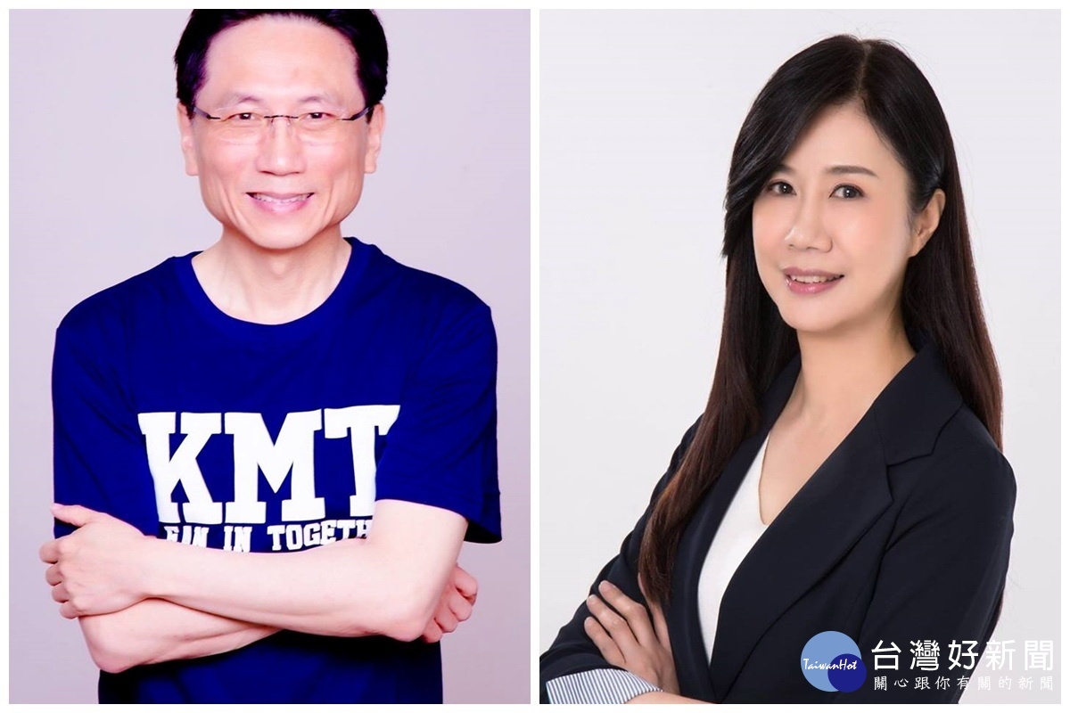 參與國民黨桃園市第四選區立委初選的桃園市議員詹江村(左)、萬美玲。