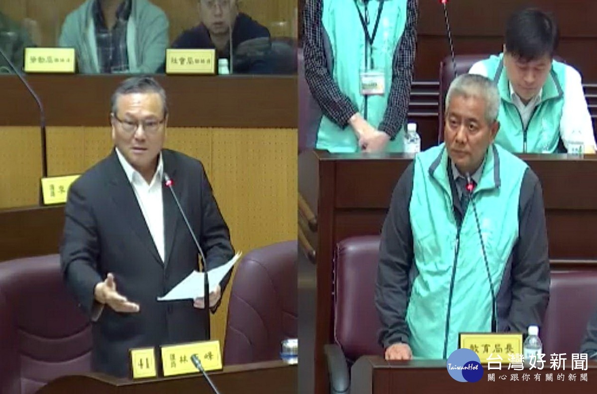 針對學校的工程一拖型拖,桃園市議員林正峰質詢市府教育局長高安邦。