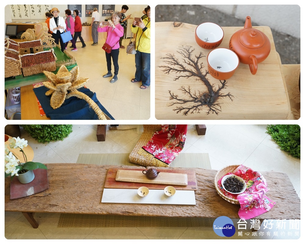 魏榮明老師與靜茶苑共同設計精美茶席、王昱翔老師草編藝術、魏榮明老師木製茶几,吸引民眾駐足觀賞。