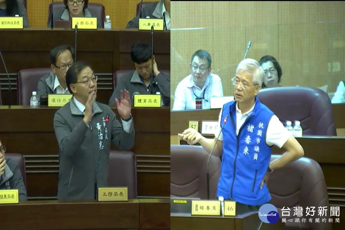 針對五酒桶山開發案,桃園市議員褚春與代理工務局長的市府秘書長黃治峯互槓,褚春來不惜賭上「議員的生命」。