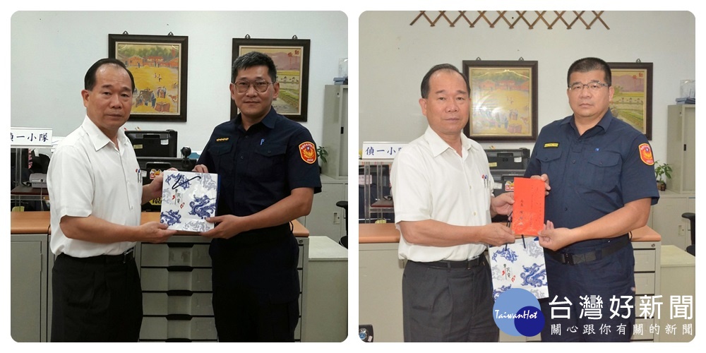 桃園市政府警察局長陳國進到楊梅分局慰問辛勞的同仁。