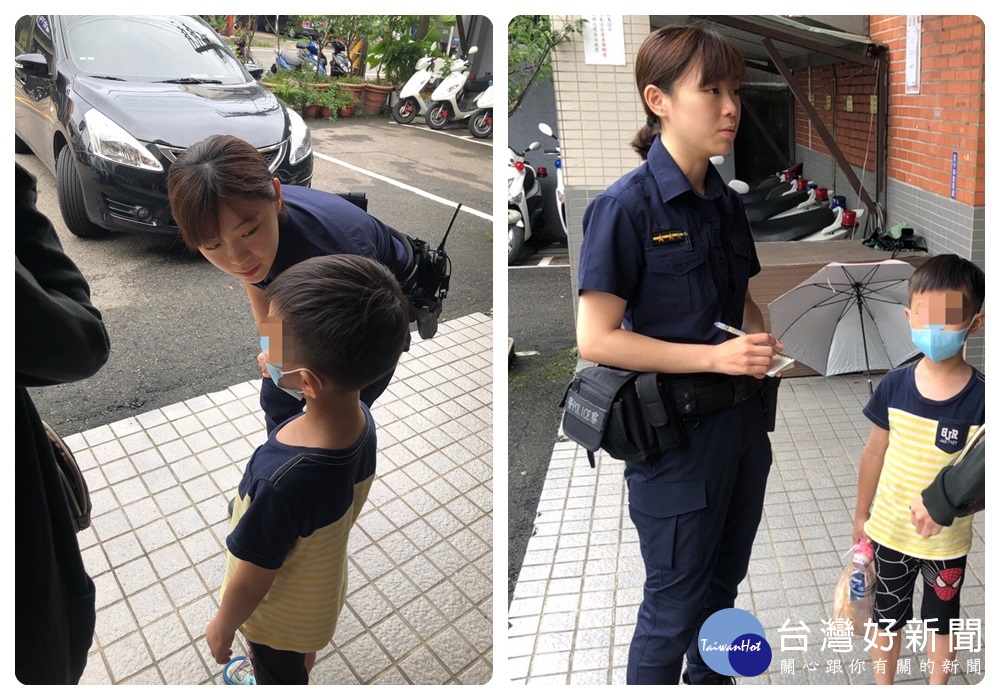 黃姓男童開心參加夏令營前,迷失在龍岡圓環附近,3女警上前關懷,並將男童安全送至幼兒園參加活動。