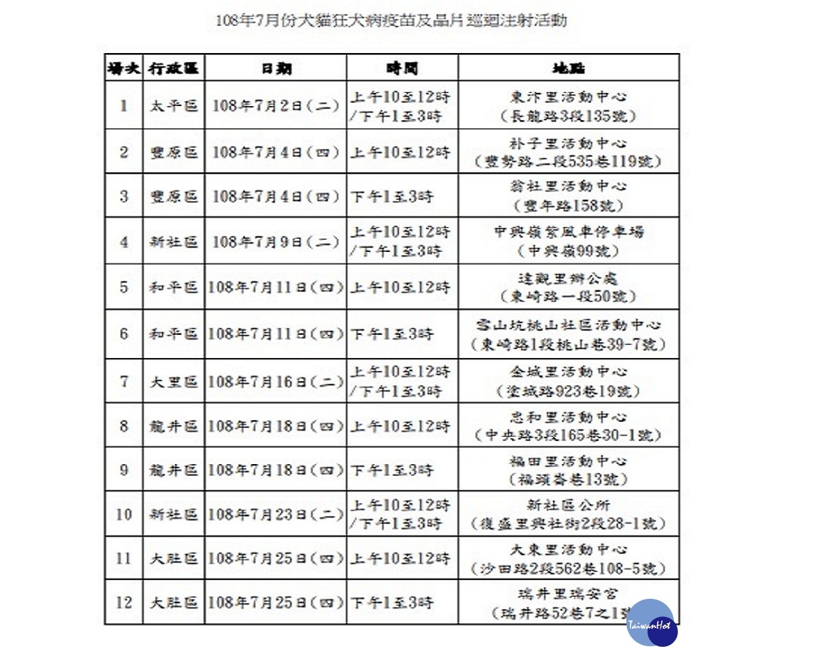 108年7月份犬貓狂犬病疫苗及寵物晶片巡迴注射優惠活動行程表(圖/台中市動保處提供)