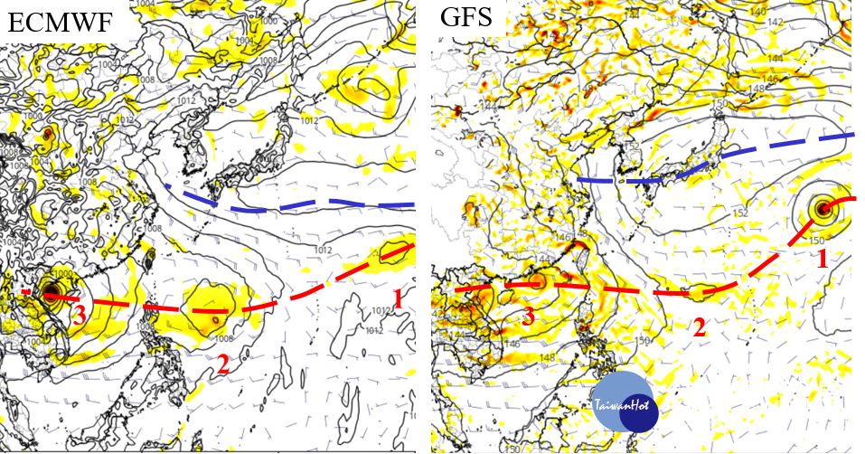 最新歐洲(ECMWF)及美國(GFS)模式模擬顯示,週六(3日)20時「太平洋高壓脊」(藍線)大約在北緯30度向西伸展,從南海向東延伸至西北太平洋則為「季風低壓槽」(紅線)所盤據。「季風低壓槽」內各有2至3個熱帶擾動發展。(圖擷自tropical tidbits)
