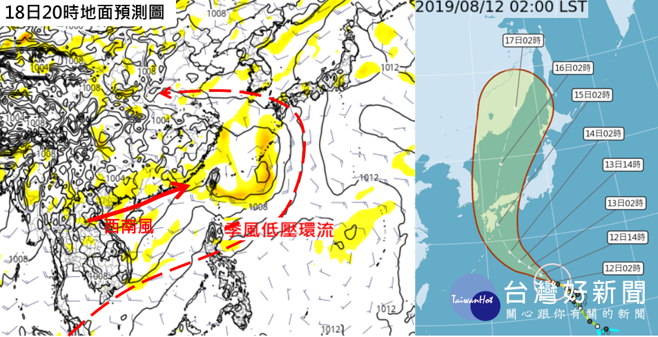 最新(11日20時)歐洲中期預報中心(ECMWF)模式，模擬顯示18日20時「季風低壓」環流內西南風，持續影響台灣的型態並未改變(左圖)。中央氣象局最新(12日2時)「潛勢預測圖」(右圖)顯示，「柯羅莎」向西北轉北，15日通過九州、四國、本州西南部一帶，16日進入日本海。(左圖擷自tropical tidbits)（圖／翻攝「三立準氣象．老大洩天機」）