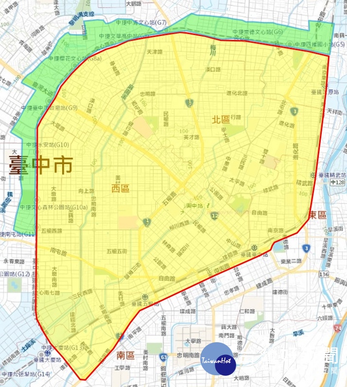 台中市北屯區∮1350公釐 PSCP送水幹管檢修作業停水影響區域示意圖(圖/台中市府提供)