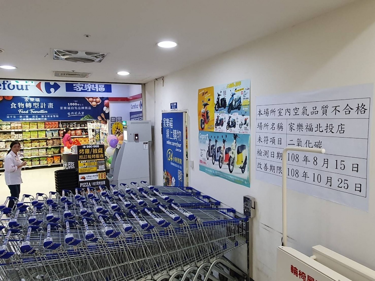 台北市府環保局查獲家樂福北投店室內二氧化碳濃度達1196ppm,超過法規標準值1000ppm,該局已依法要求業者限期改善並張貼室內空氣品質不合格標示,若逾期未改善將處5萬元以上25萬元以下罰鍰。(圖/台北市府環保局)
