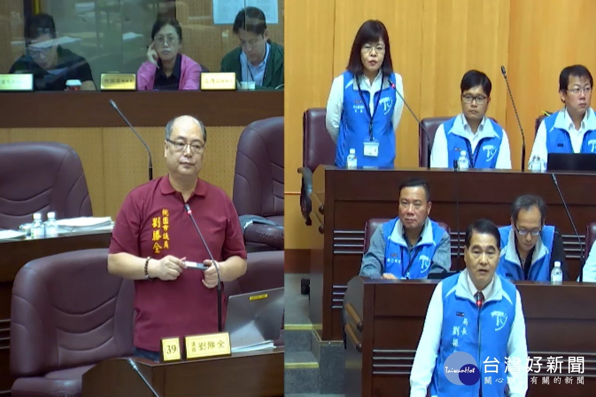 針對污水處理廠回饋金問題，桃園市議員劉勝全質詢市府水務局長劉振宇。