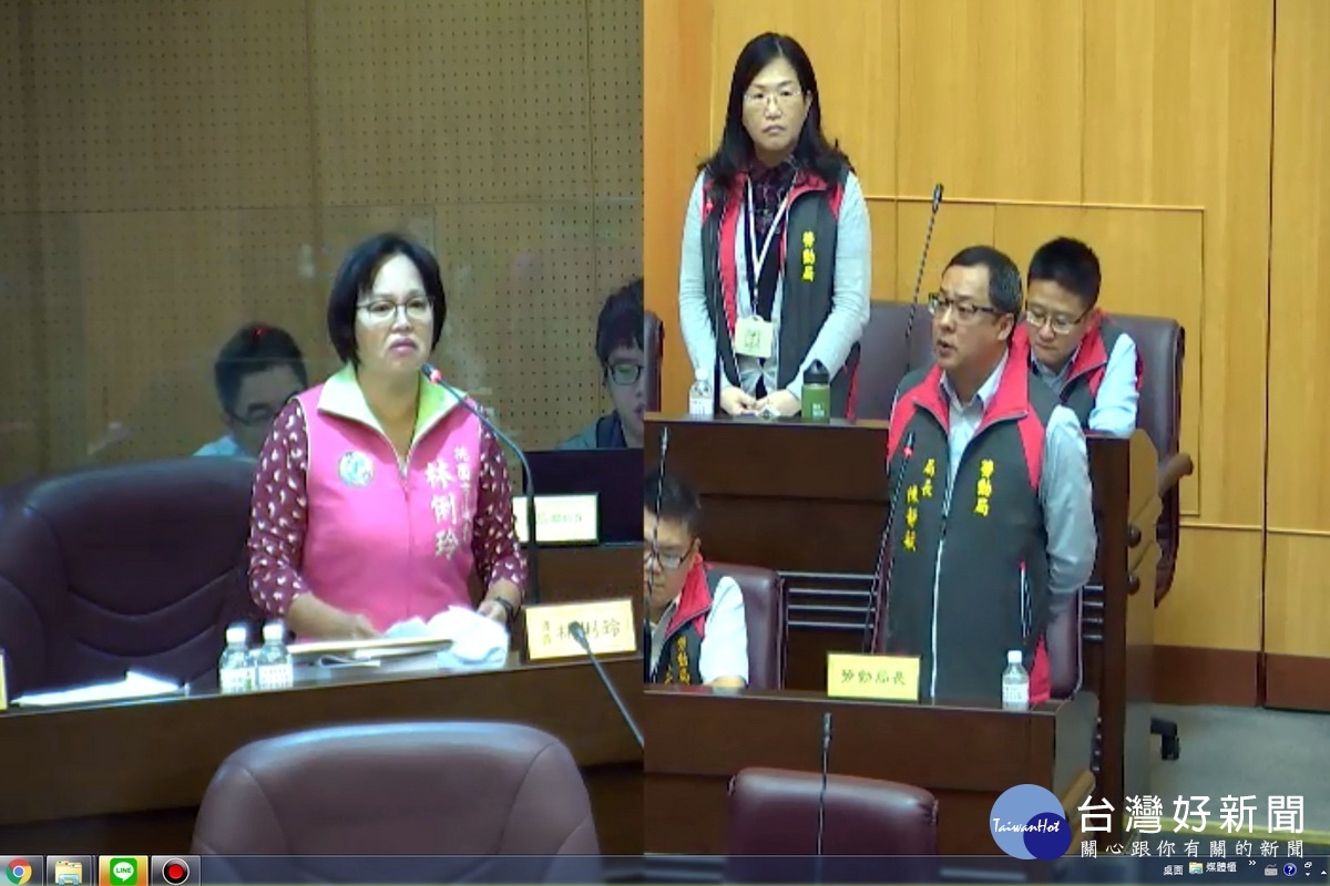 針對外送員外送員和平台業者之間「僱傭」與是「承攬」之爭,桃園市議員林俐玲質詢市府勞動局長陳靜航。