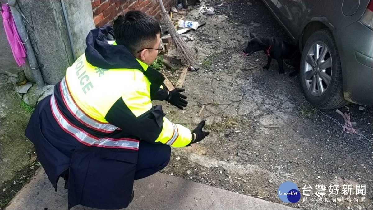 平鎮區一處鐵皮工廠發生火災，現場栓著一隻小黑狗，員警見狀立即上前馳援。