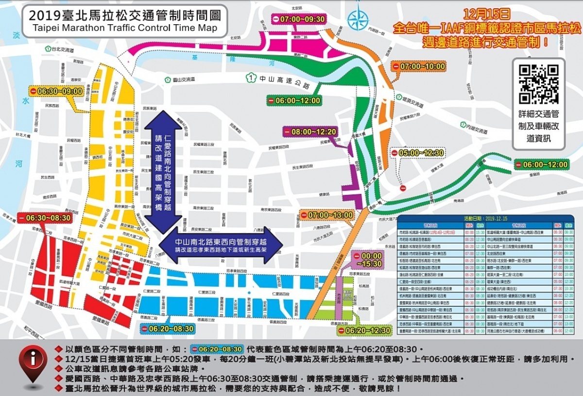 「2019台北馬拉松」將於2019年12月15日（周日）清晨6時30分，在台北市政府府前廣場起跑。由於馬拉松賽程路線橫跨北市市中心、東區、西區、市郊，因此台北市從早上5時至下午13時止，將進行大範圍分區分段交通管制，提醒用路人注意。（圖／台北市警察局）