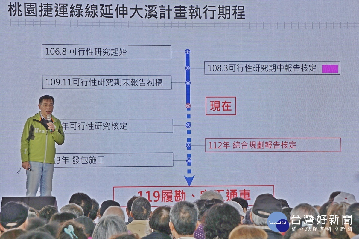 市府捷運局長陳文德於「桃園捷運綠線延伸大溪地方說明會」中進行簡報說明。