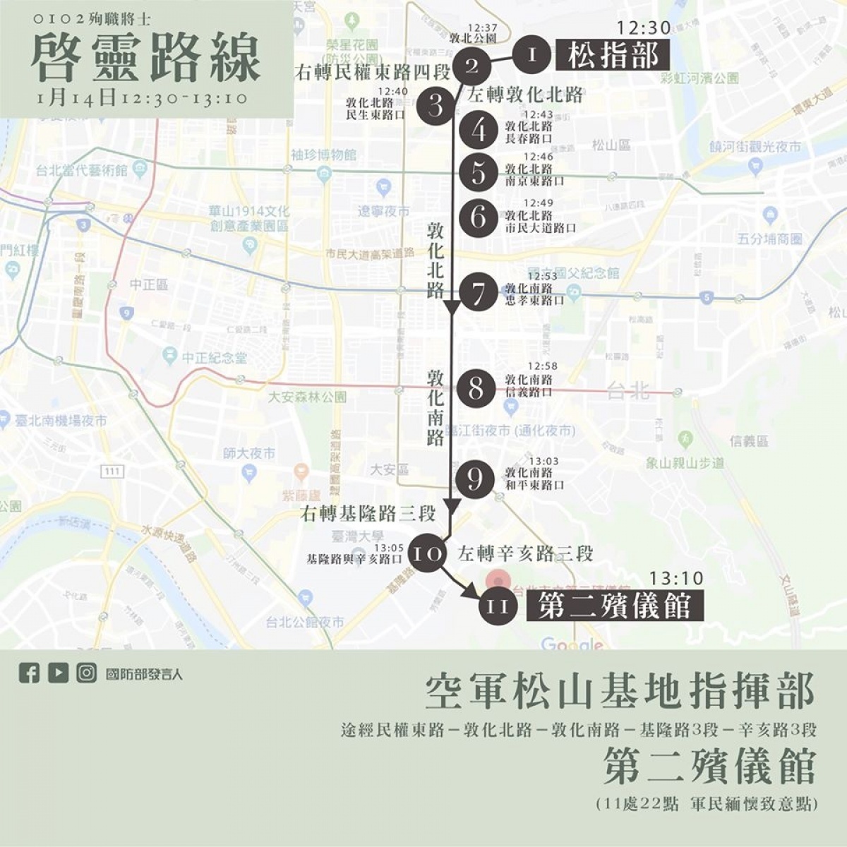 13日下午17時起國防部將進行黑鷹直升機失事殉職將士移柩至空軍松山基地指揮部,14日中午12時半起將啟靈至台北市第二殯儀館火化。國防部亦公布1/13移柩、1/14啟靈的時程與行經路線,供民眾自主悼念,送殉職將士最後一程。(圖/國防部發言人Facebook)