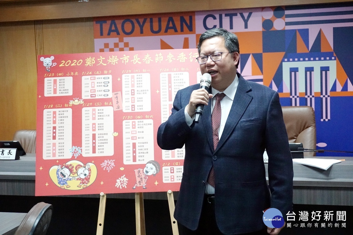 桃園市長鄭文燦強調「新年走春不打烊」一連10大將走訪112間廟宇發送新春福袋,向市民朋友們拜年。