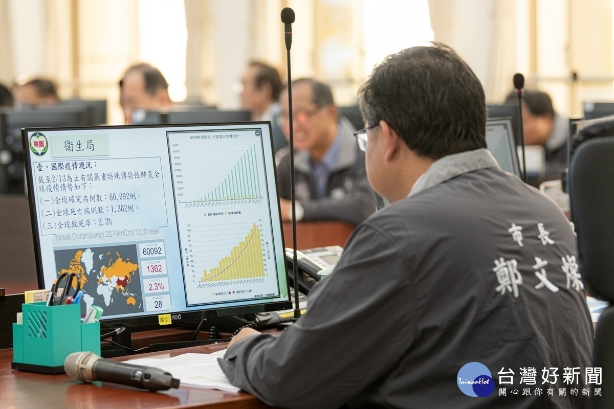 桃園市長鄭文燦於防疫專案會議中,聽取各單位的防疫工作報告。