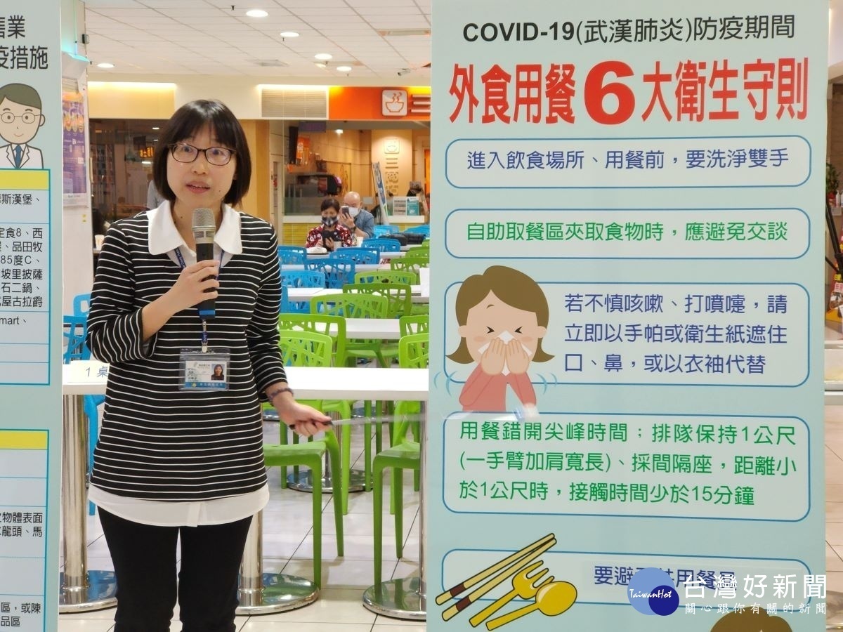 彰化縣衛生局林毓芬科長說明外時用餐六大衛生守則以及連鎖餐飲業及綜合商品零售業五大防疫措施。圖/記者鄧富珍攝