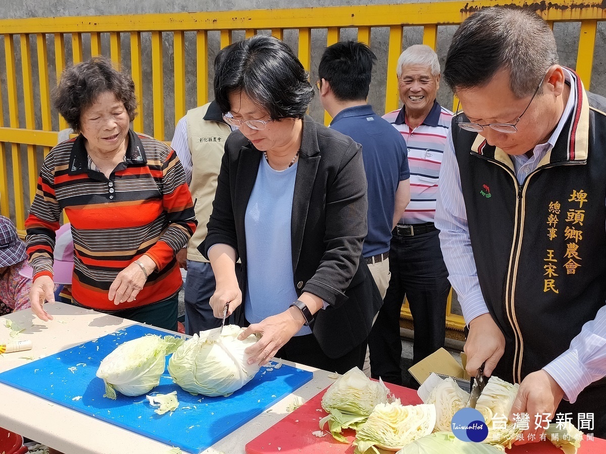彰化埤頭鄉農會舉辦高麗菜多元利用料理研習活動,現場王惠美與埤頭鄉農會總幹事王宋民與社區媽媽,調理在地高麗菜,準備曬高麗菜乾。圖/記者鄧富珍攝