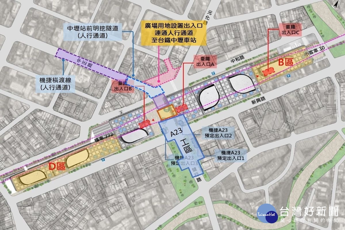 中壢車站前人行通道規劃示意圖。