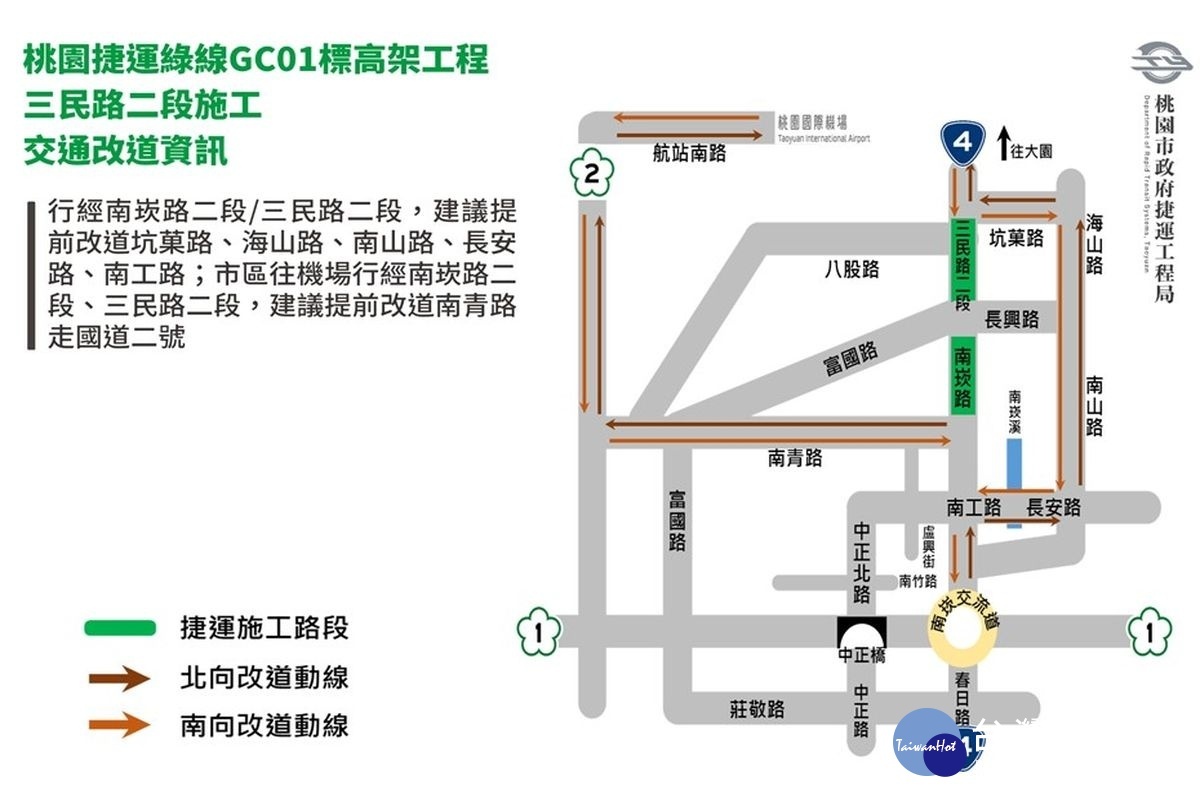 桃園捷運綠線GC01標北段高架工程大園區三民路二段施工交通改道資訊示意圖。