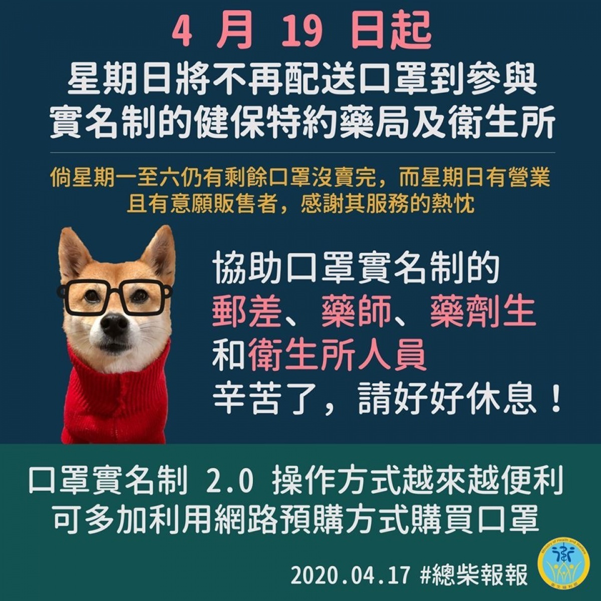 中央流行疫情指揮中心17日宣布，自4月19日（週日）起，藥局不會收到郵差配送口罩，周日亦可不賣口罩，以減緩藥師等人員的壓力。（圖／總統府Flickr）