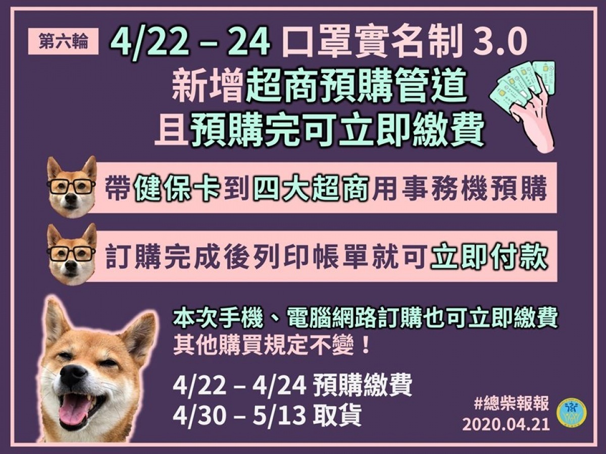 中央流行疫情指揮中心宣布,可直接在7-11、全家、萊爾富、OK等四大超商購買、付錢、等取貨的口罩實名制3.0,將於4月22日正式上路。(圖/衛福部Facebook)
