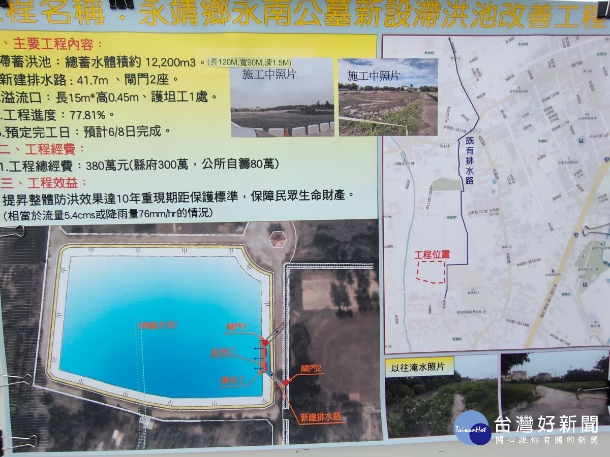位於永靖鄉主要道路有福德巷、永福路的永南滯洪池,將於今年六月完工。圖/記者鄧富珍攝