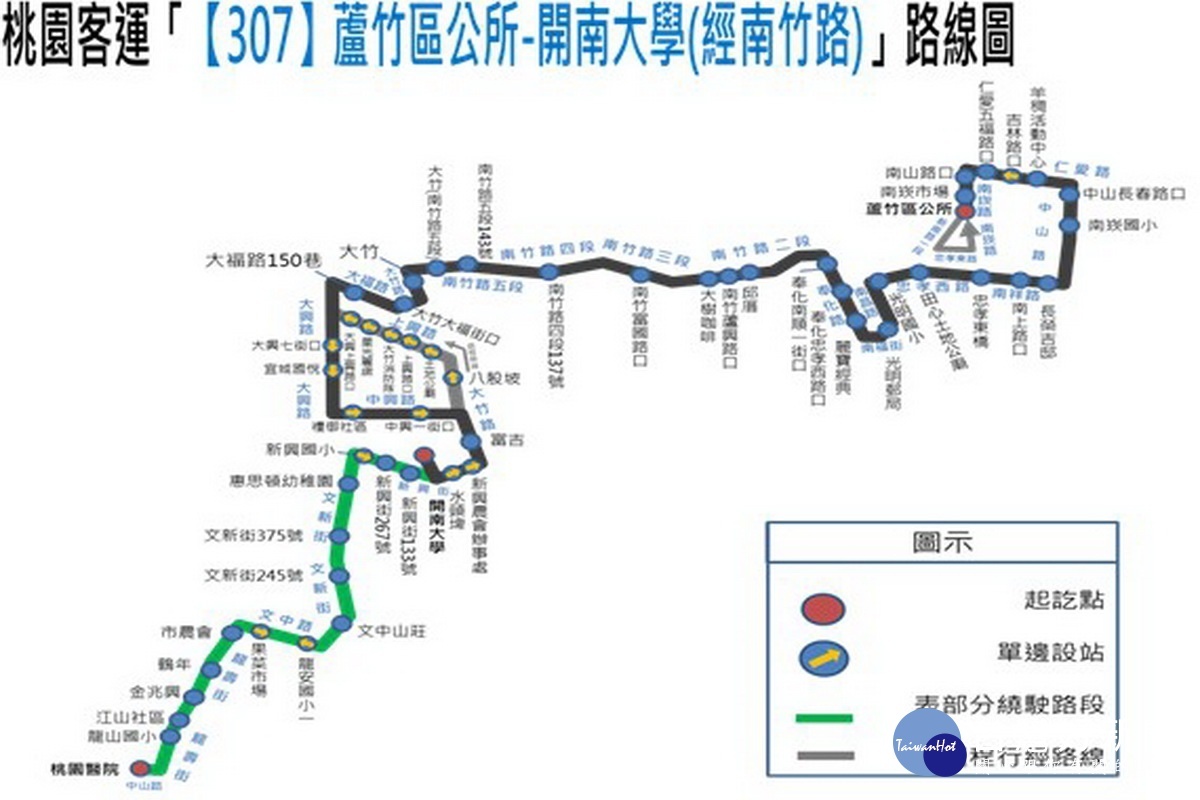 「【307】蘆竹區公所-開南大學」市區公車行駛路線圖。