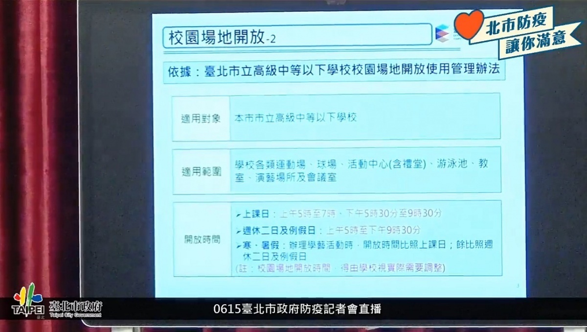 台北市政府15日宣布，市立高中以下各級學校，其平日及假日之室內、外校園場地，自提前至6月20日（週六）起全面恢復正常開放，供一般民眾運動及租借使用。（圖／Humans of Taipei 我是台北人Facebook）