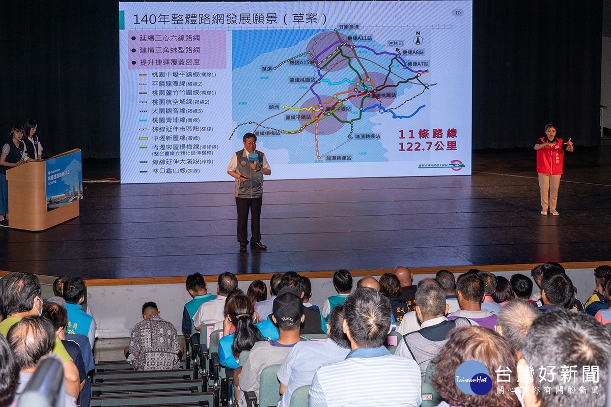 桃園市長鄭文燦於「桃園都會區捷運路網計畫2.0地方說明會-南區場」說明桃園捷運建設,擘劃桃園未來 30 年的捷運路網願景。