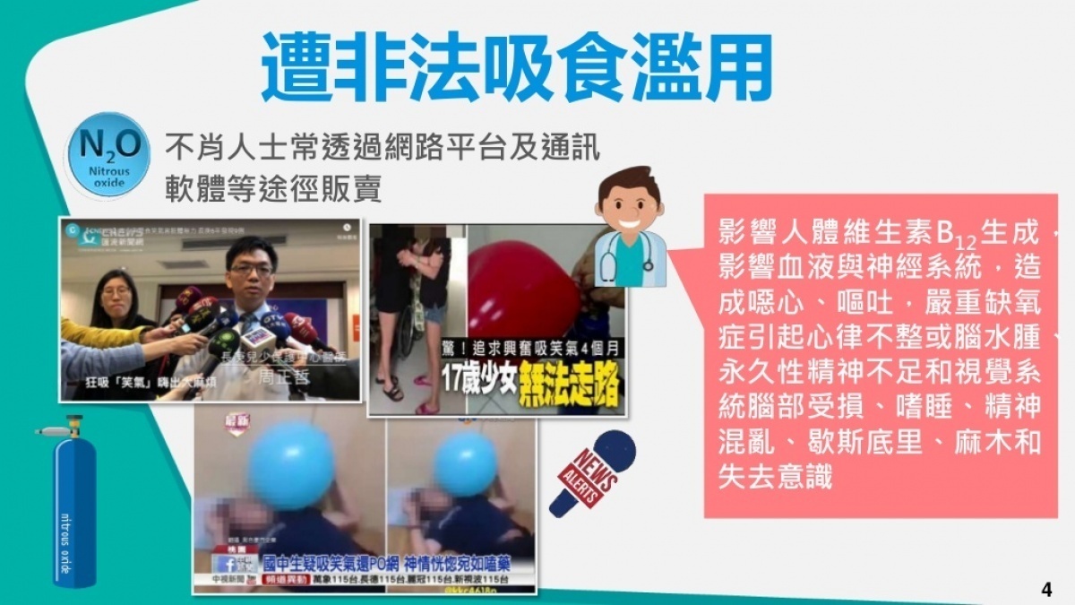 行政院環保署今(20)日宣布,將把「笑氣」列管為第一個「關注化學物質」,未來將跨部會與經濟部、衛福部及警政機關等聯手管制,除要求製造、輸入及販賣業者應取得核可、申報交易資料外,並禁止於網購平台交易。若有民眾非法持有笑氣,可處以新台幣3萬元至30萬元罰鍰。(圖/環保署)