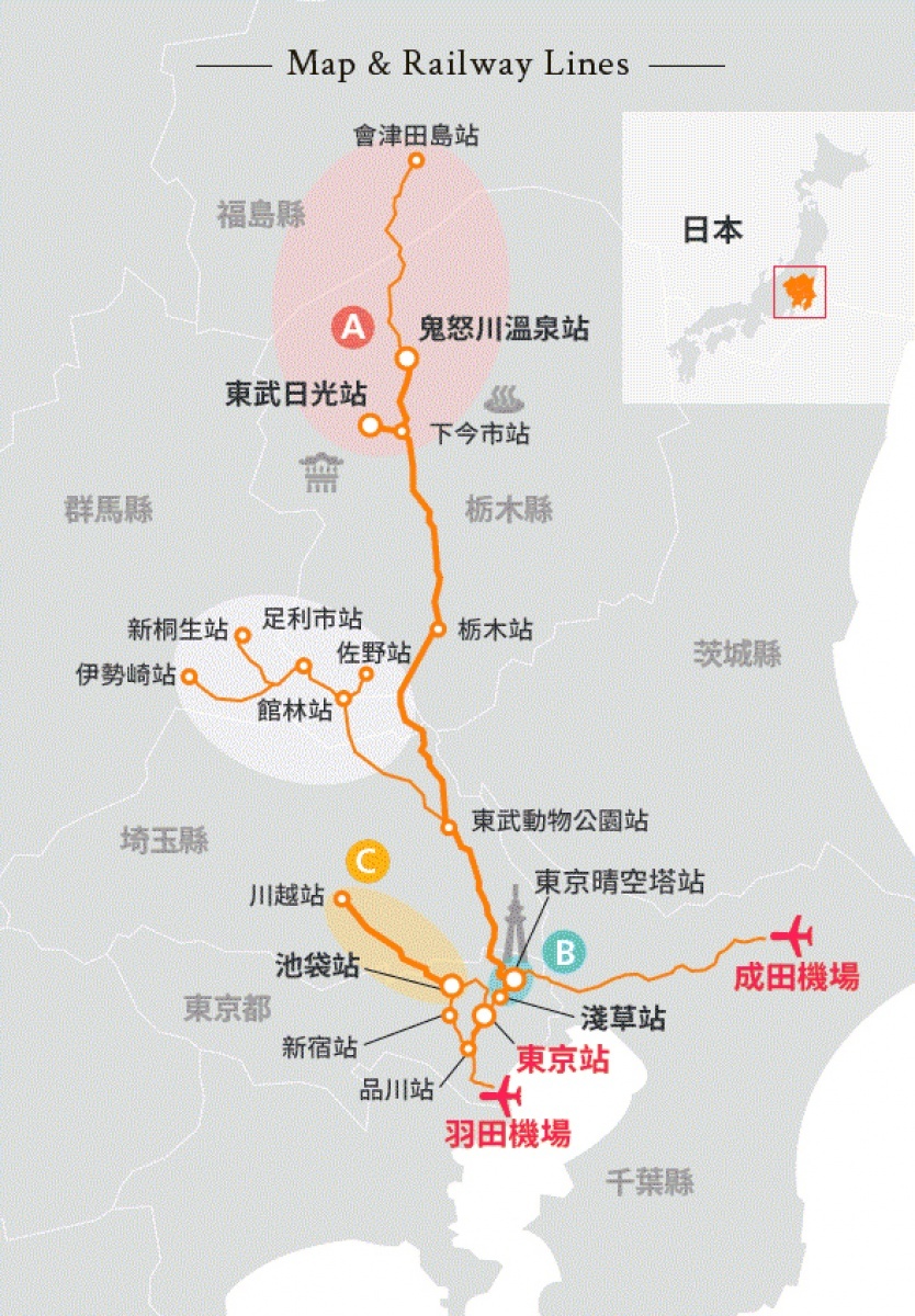 日本東武鐵道之旅行經多個熱門景點。