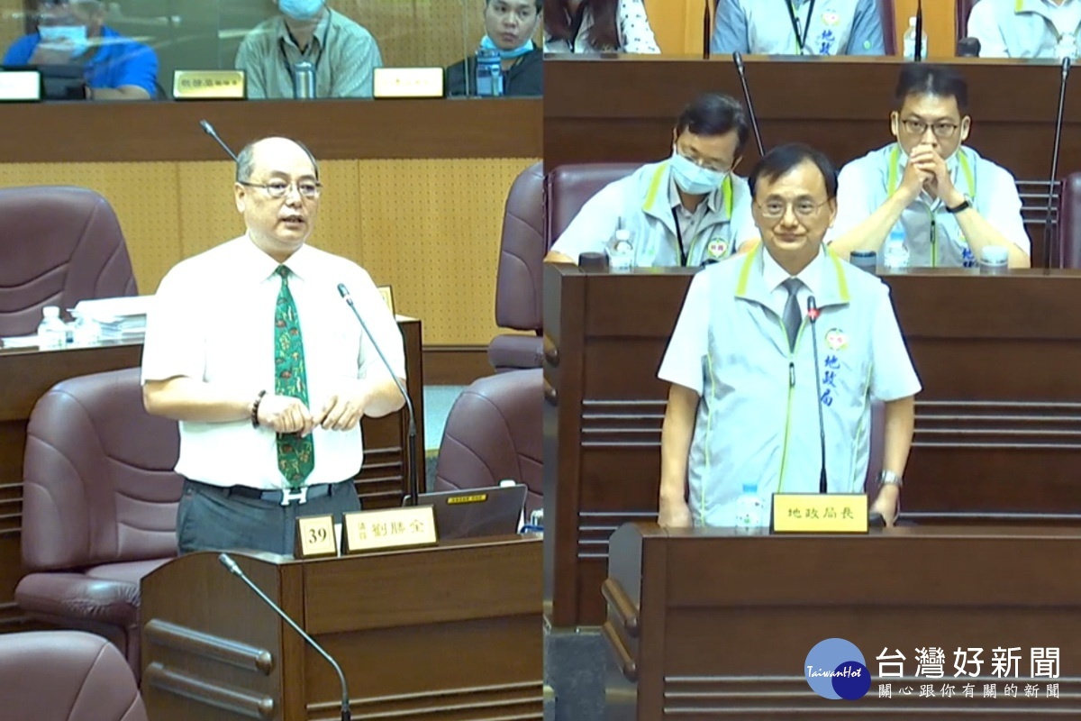 針對航空城開發,桃園市議員劉勝全質詢市府地政局長陳錫禎。