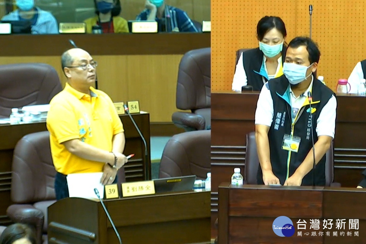 針對桃園航空城優先拆遷工廠問題,桃園市議員劉勝全於議事堂上進行質詢。