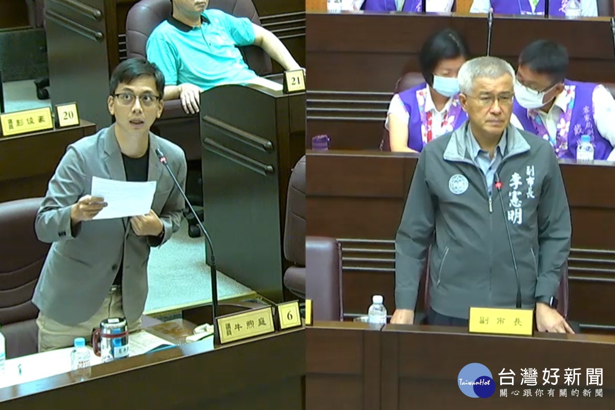 對桃園市政府舉辦「鍾肇政追思禮拜」等活動卻包辦喪葬費用,桃園市議員牛煦庭質詢桃園市副市長李憲明。