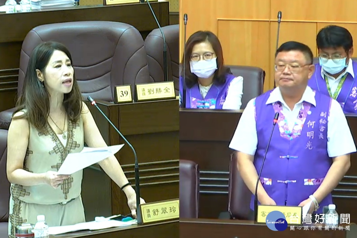針對桃園市政府舉辦「鍾肇政追思禮拜」等活動卻包辦喪葬費用,桃園市議員舒翠玲質詢桃園市客家局長何明光。