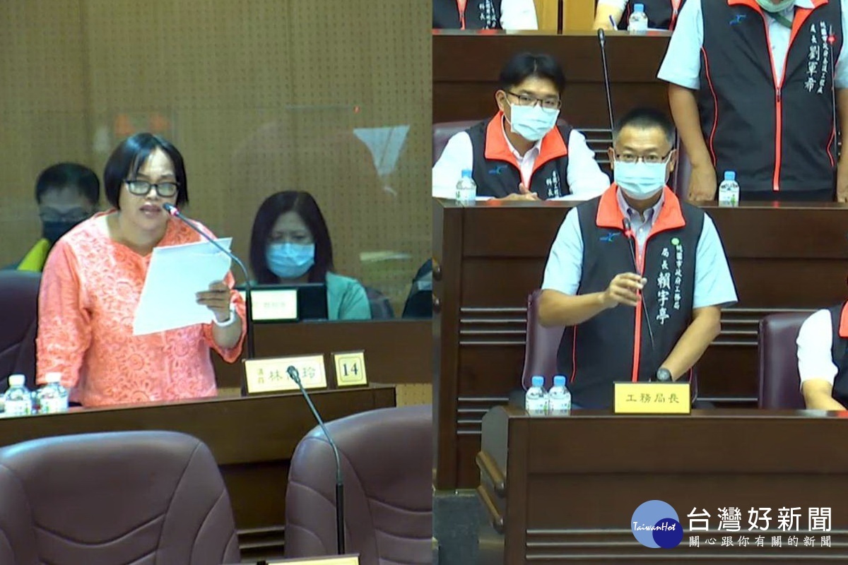 路燈出現「黑戶」,桃園市議員林俐玲質詢工務局長賴宇亭。