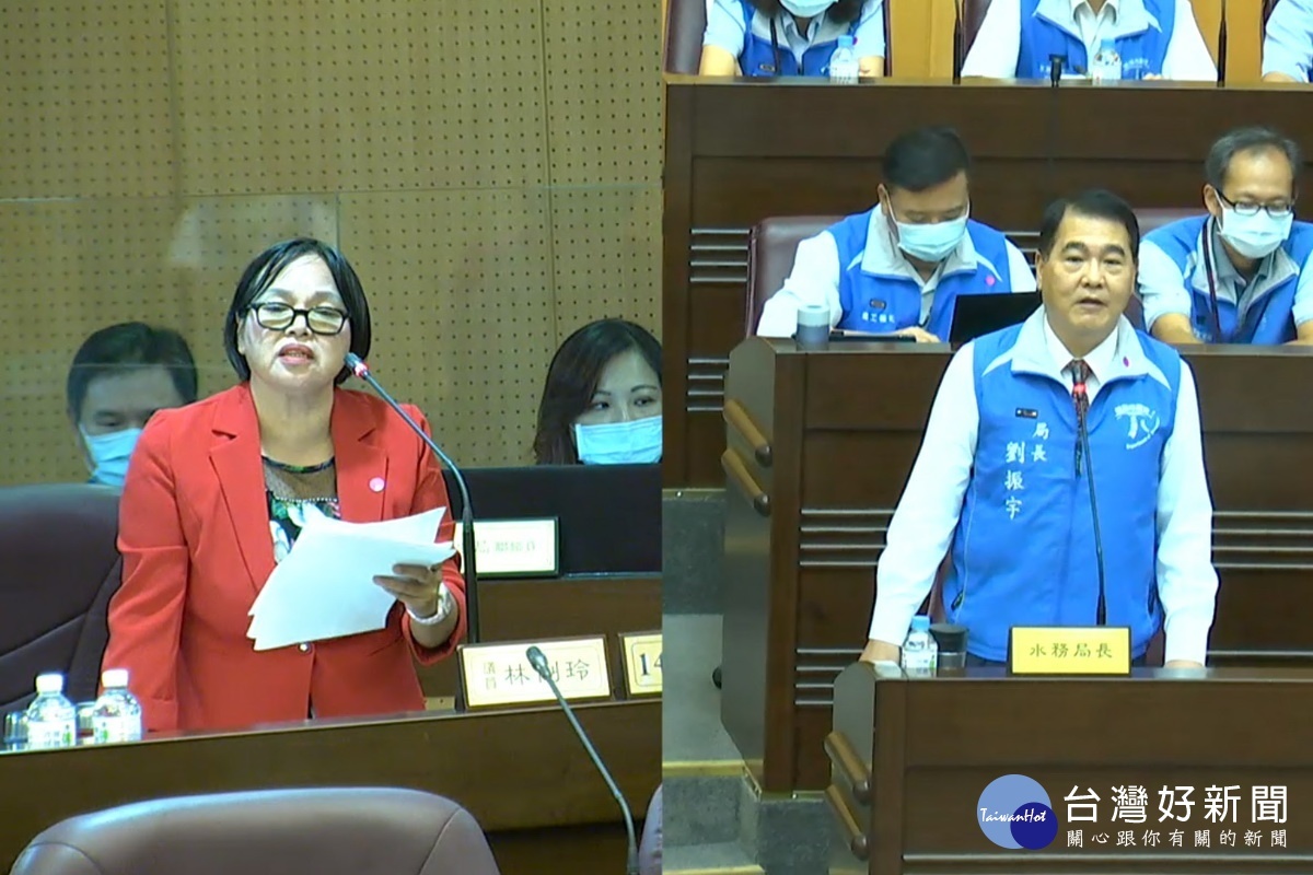 針對候變遷防災面臨嚴峻挑戰,桃園市議員林俐玲質詢市府水務局長劉振宇。