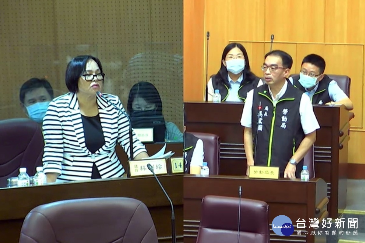 針對移工及勞工權益等議題,市議員林俐玲質詢市府勞動局長吳宏國。