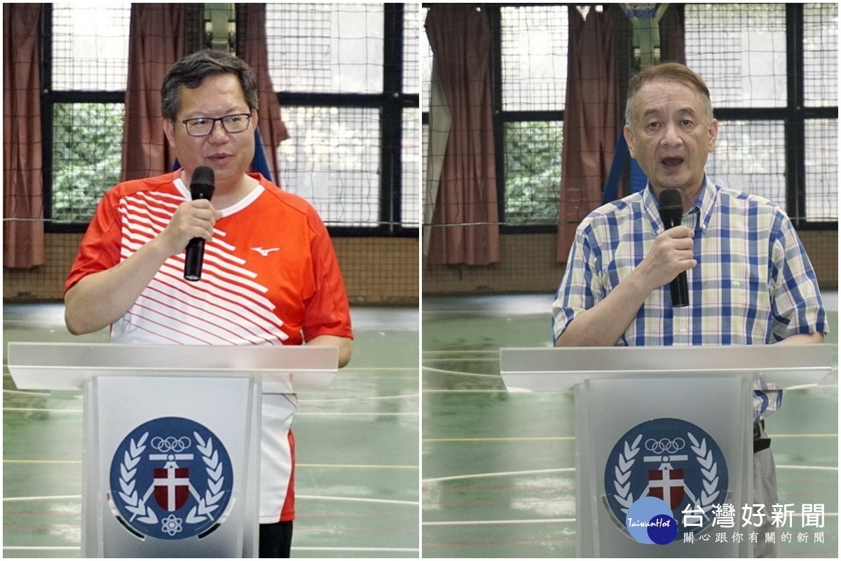 桃園市長鄭文燦為桃園台產及中原大學排球隊加油打氣,與中原大學校長張光正分別致詞。