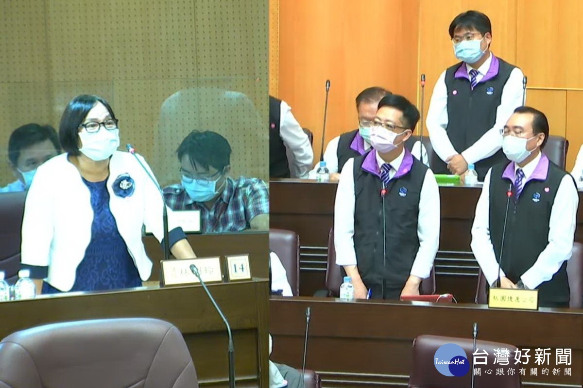 針對機場捷運議題,桃園市議員林俐玲質詢桃捷公司董事長劉坤億。