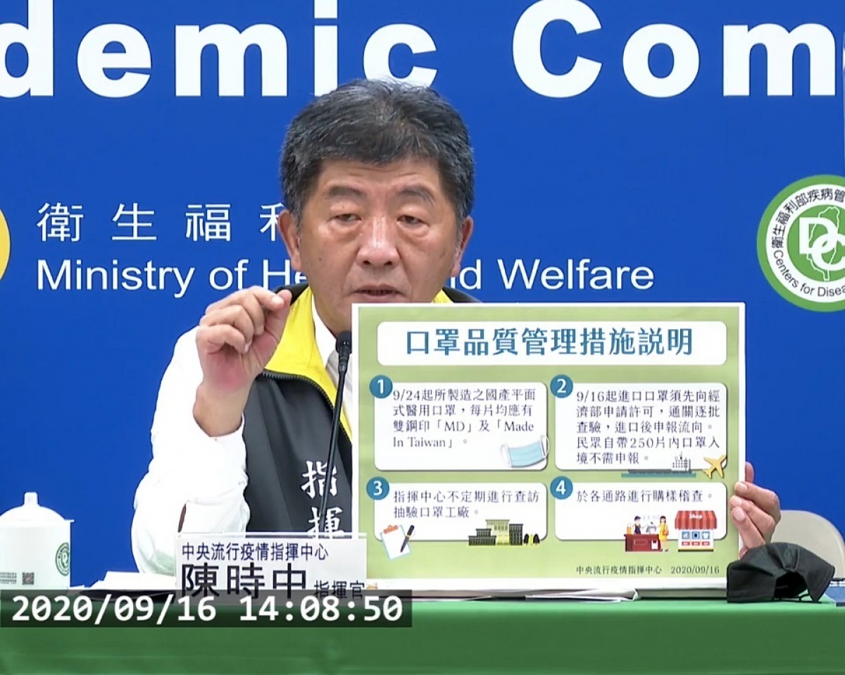 原本中央流行疫情指揮中心宣布,自9月17日起實施國產製之平面式醫用口罩,須逐片以鋼印標示「MD」及「Made In Taiwan」等雙鋼印標示,但因各廠產能、工具機調校、物流…等因素考量,因此指揮中心16日再宣布該項政策將延至9月24日起實施。(圖/衛福部疾管署YouTube)