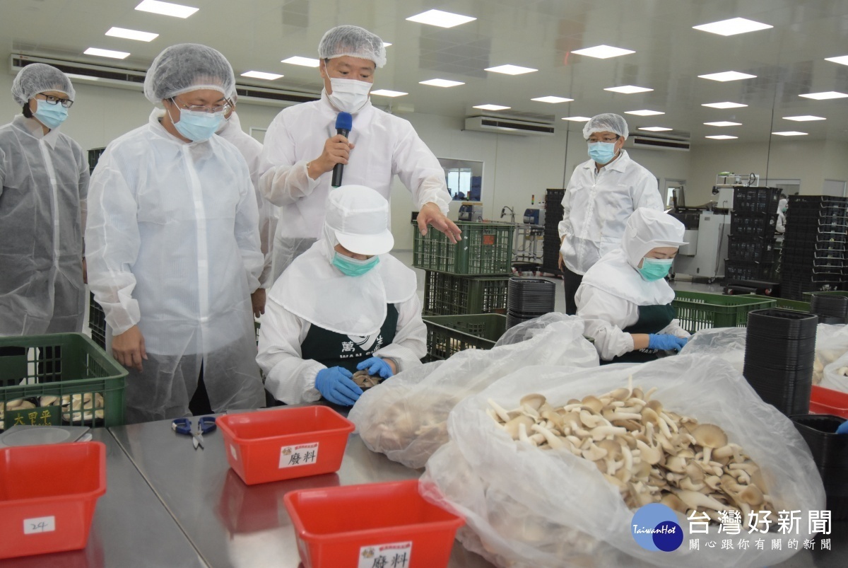 縣長王惠美參訪彰化縣菇類生產合作社萬生集貨包裝場內。圖／記者鄧富珍攝